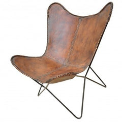 Aged Leather Metal Round Butterfly Chair