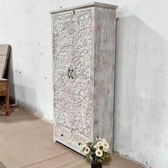 Indian Handmade Solid Hard Wood Cabinet Almirah Floral Carving in Whitewash 95x40x200Cm