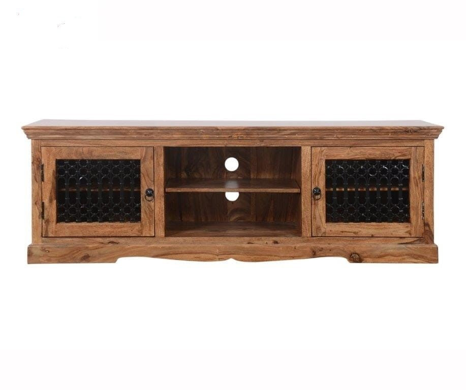 Indian Solid Wood TV Unit With Glass Jali Doors Natural 180 x 45 x 60 Cm