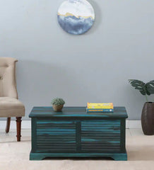 Shutter Handmade Indian Furniture Sheesham Wood Coffee Table Trunk Ocean Blue Finish