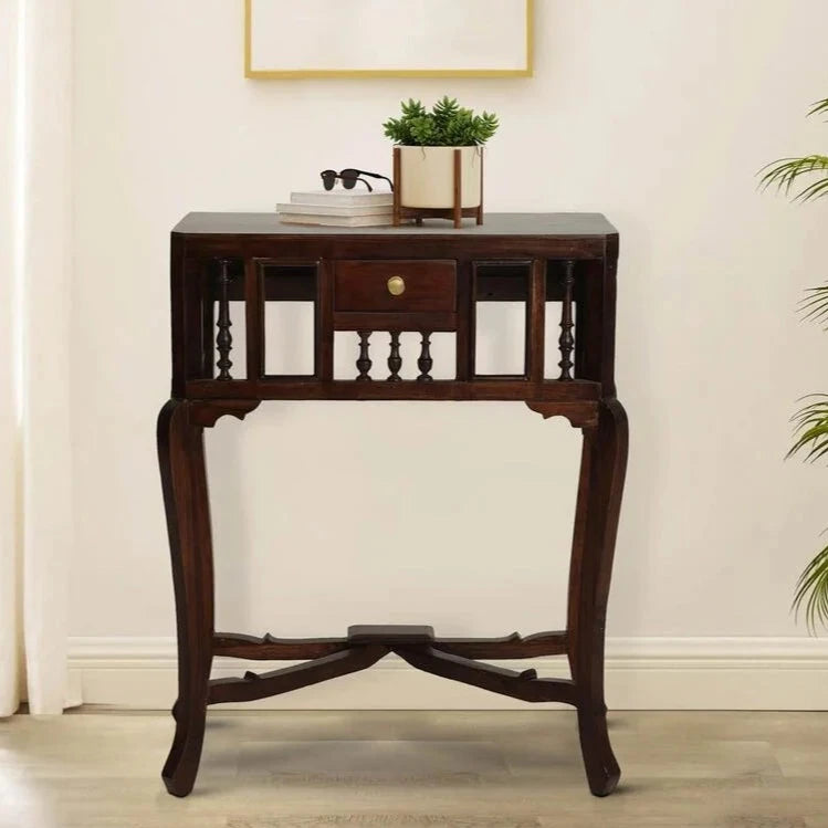 Colonial Handmade Carved Solid Mango Wood Console Table in Walnut Finish