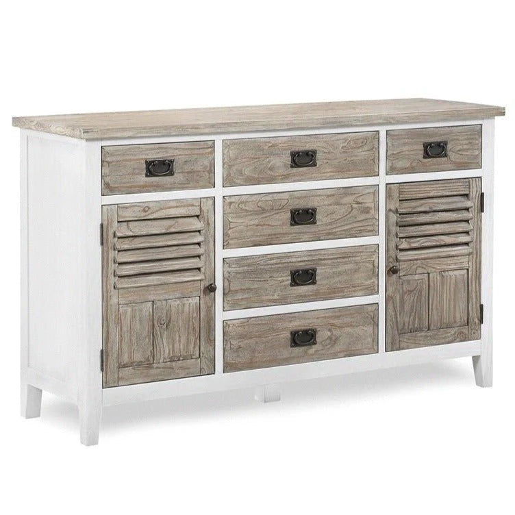 Ethereal Whites Handmade Indian Furniture Carved Solid Mango Wood 6 Drawer Dresser With Shutter