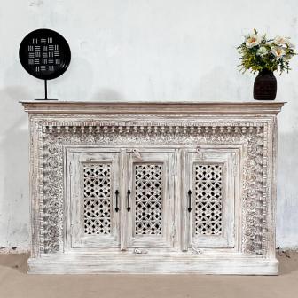 Indian Handmade Carved Solid Hard Wood 3 Doors Sideboard Greywash 150x40x100Cm