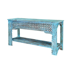 Hand Carved Solid wood Hall Side Table Rustic Blue