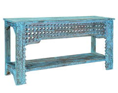 Hand Carved Solid wood Hall Side Table Rustic Blue