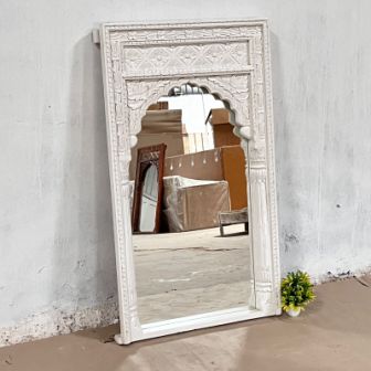 Handcrafted Indian Furniture Carved Wooden Wall Lining Mirror Frame White 70x7x120Cm