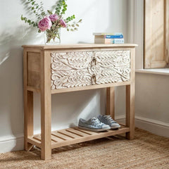 Floral Carved Solid wood 2 Drawers Hall Side Table Console Table