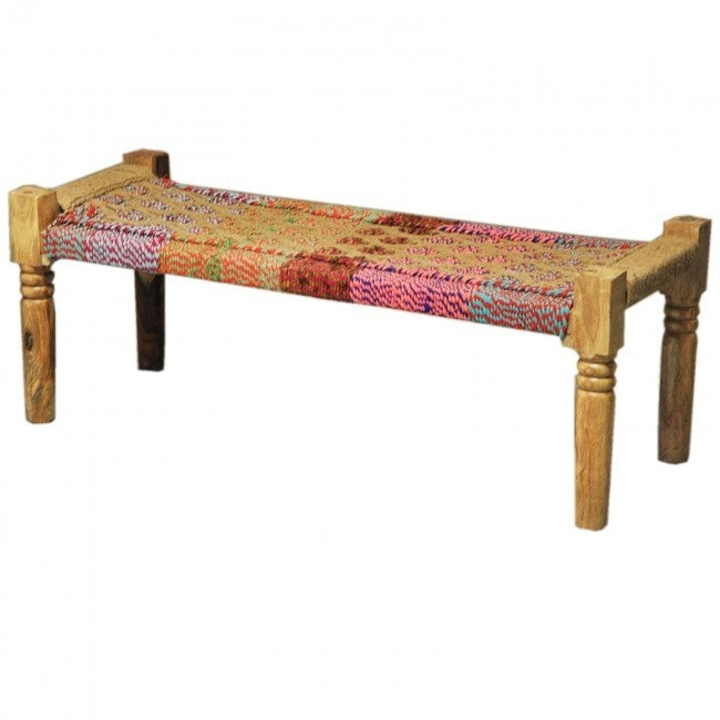 Indian Solid Wood Charpai Khat Manjhi Woven Charpoy Ottoman Stool White