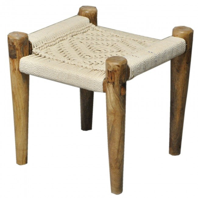 Indian Solid Wood Charpai Khat Manjhi Woven Charpoy Ottoman Stool White