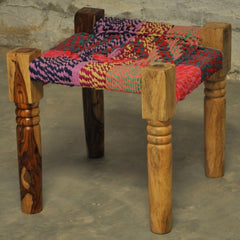 Indian Solid Wood Manjhi Woven Charpoy Ottoman Stool Multi Colour