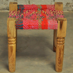 Indian Solid Wood Manjhi Woven Charpoy Ottoman Stool Multi Colour