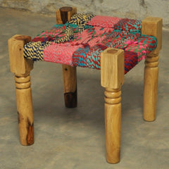 Indian Solid Wood Manjhi Woven Charpoy Ottoman Stool Multi Colour