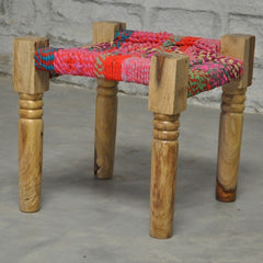 Indian Solid Wood Manjhi Woven Charpoy Ottoman Stool Multi Colour