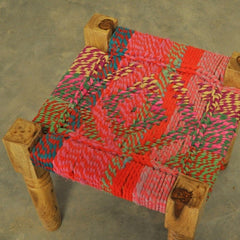 Indian Solid Wood Manjhi Woven Charpoy Ottoman Stool Multi Colour