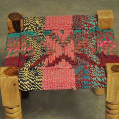 Indian Solid Wood Manjhi Woven Charpoy Ottoman Stool Multi Colour