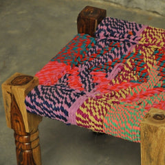 Indian Solid Wood Manjhi Woven Charpoy Ottoman Stool Multi Colour