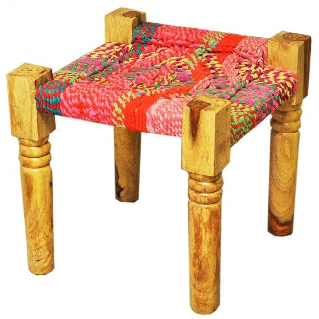 Indian Solid Wood Manjhi Woven Charpoy Ottoman Stool Multi Colour