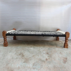 Indian Solid Wood Charpai Khat Manjhi Woven Charpoy Daybed Black & White