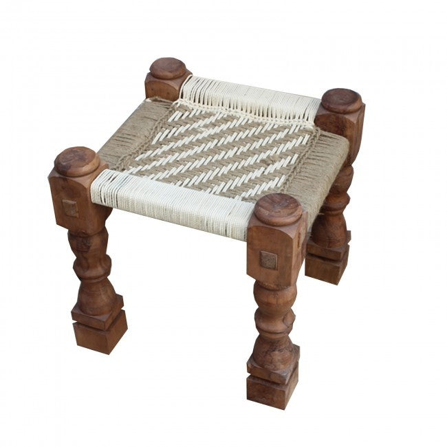 Indian Solid Wood Manjhi Woven Charpoy Ottoman Stool Brown & White