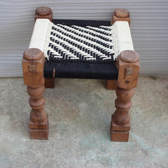 Indian Solid Wood Charpai Khat Manjhi Woven Charpoy Ottoman Stool Black White