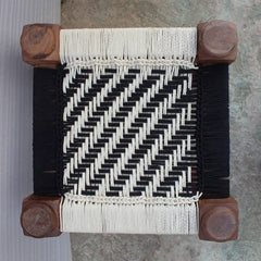 Indian Solid Wood Charpai Khat Manjhi Woven Charpoy Ottoman Stool Black White