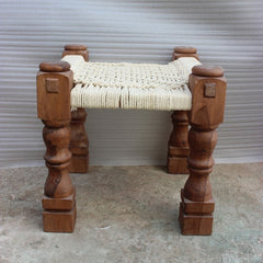 Indian Solid Wood Charpai Khat Manjhi Woven Charpoy Ottoman Stool White