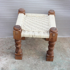 Indian Solid Wood Charpai Khat Manjhi Woven Charpoy Ottoman Stool White