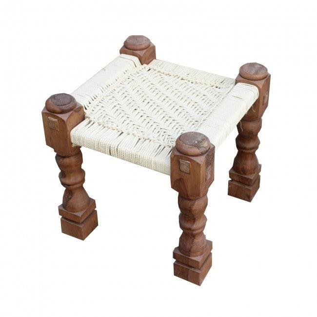 Indian Solid Wood Charpai Khat Manjhi Woven Charpoy Ottoman Stool White