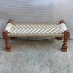 Indian Solid Wood Charpai Bench Khat Manjhi Woven Charpoy Daybed Brown White