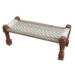 Indian Solid Wood Charpai Bench Khat Manjhi Woven Charpoy Daybed Brown White