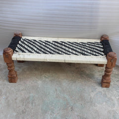 Indian Solid Wood Charpai Khat Manjhi Woven Charpoy Daybed Black & White L