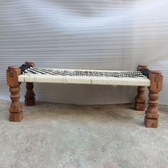 Indian Solid Wood Charpai Khat Manjhi Woven Charpoy Daybed Black & White L