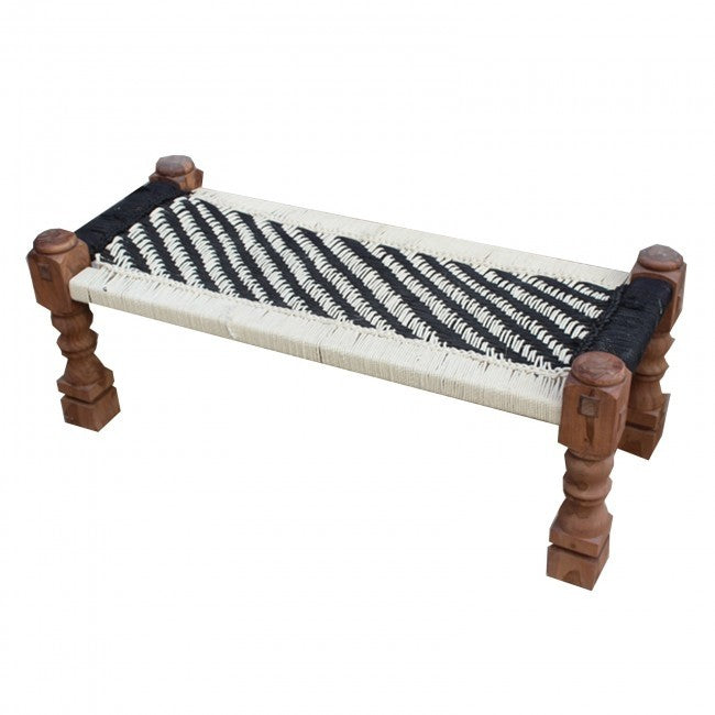 Indian Solid Wood Charpai Khat Manjhi Woven Charpoy Daybed Black & White L