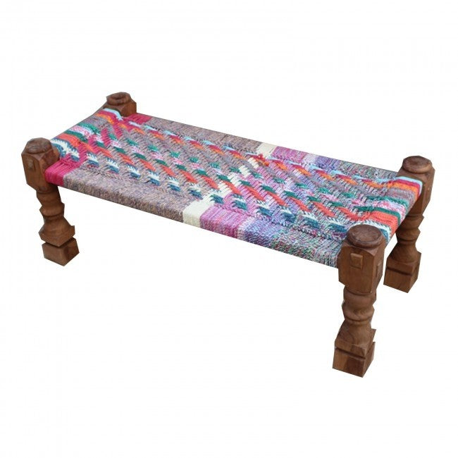 Indian Solid Wood Charpai Bench Khat Manjhi Woven Charpoy Daybed Multi Colour