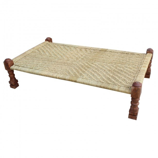 Indian Solid Wood Charpai Khat Manjhi Woven Charpoy Daybed Brown Jute