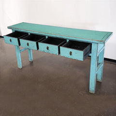 Golden Dragon Oriental Painted Solid wood 4 Drawer Hall Table Turquoise Blue