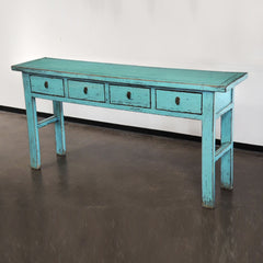 Golden Dragon Oriental Painted Solid wood 4 Drawer Hall Table Turquoise Blue