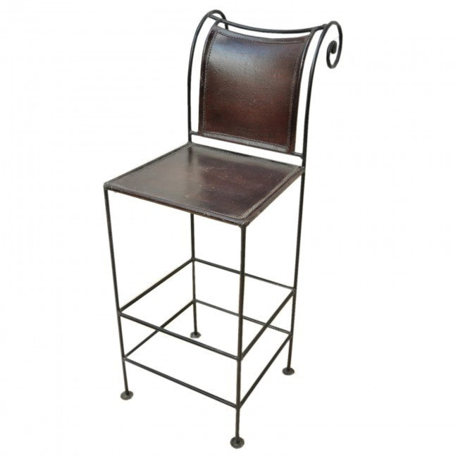 Aged Leather Curl Metal High Bar Chair