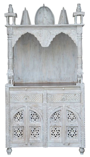 Pine Grove Carved Handmade Indian Furniture Mango Wood Prayer Mandir Temple Distressed