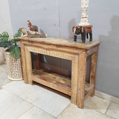 Handmade Indian Furniture Solid Hard Wood Carved Console Table Natural 120x40x80Cm