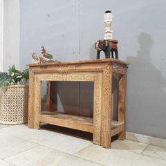 Handmade Indian Furniture Solid Hard Wood Carved Console Table Natural 120x40x80Cm