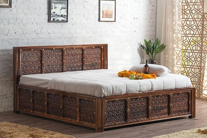 Embossed Antique Brass work Solid Wood Brass Panache Bed with Storage