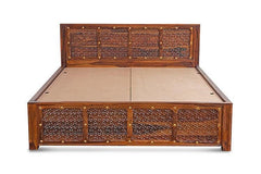 Embossed Antique Brass work Solid Wood Brass Panache Bed with Storage