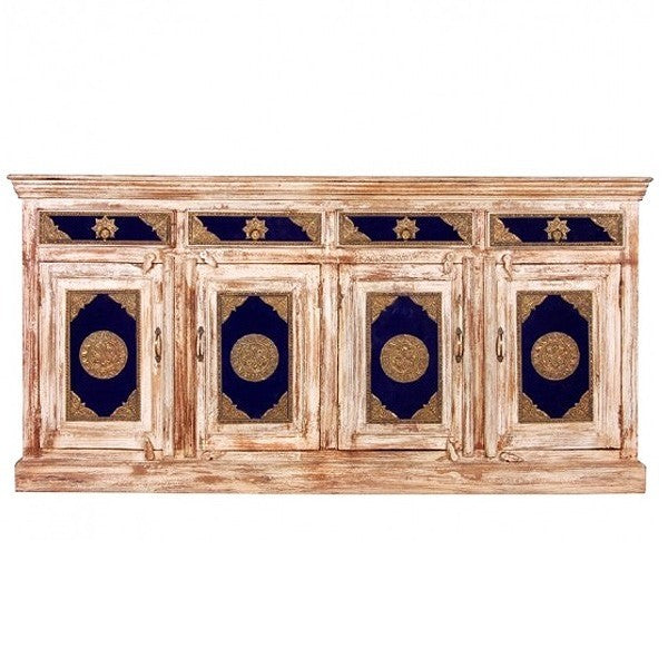 Indian Embossed Brass work Solid wood Large Sideboard Buffet Hutch White 1.8m