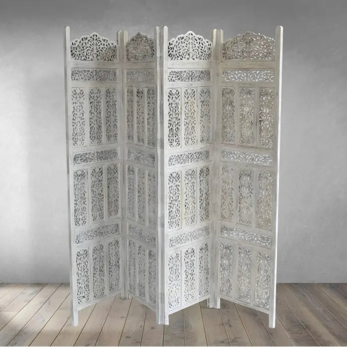 Handmade Indian Furniture Wooden Partition Screen in All White