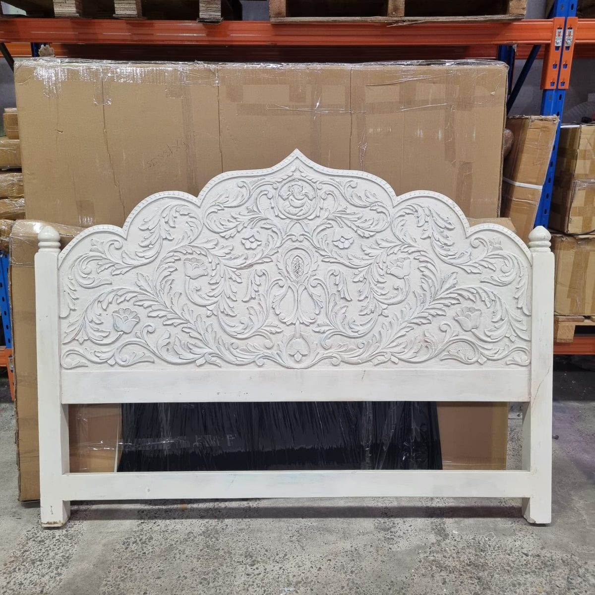 Handmade Indian Furniture Solid Hard Wood Bedhead in White Mehrab Style