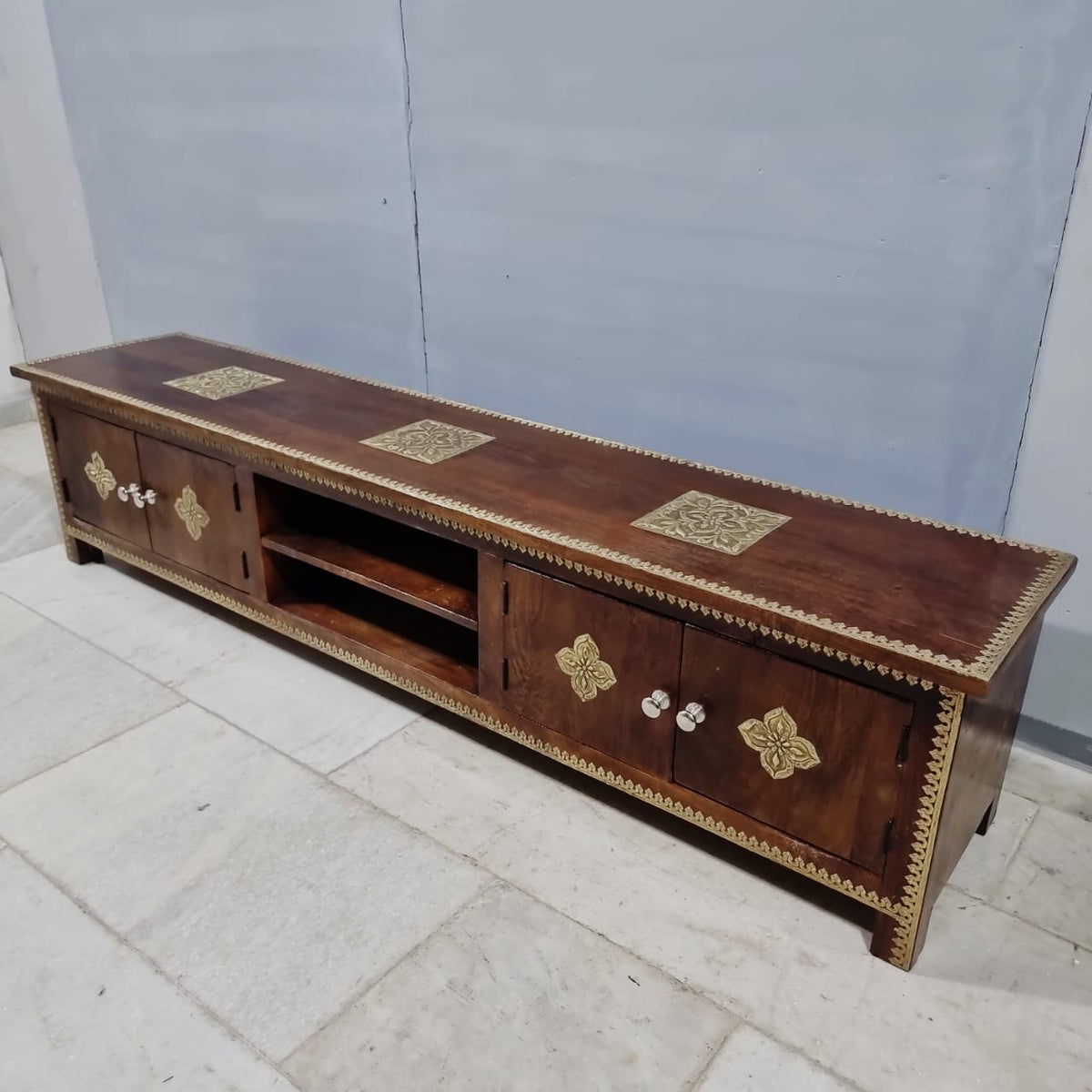 Indian Antique Brass Work Solid Wood TV Unit 54