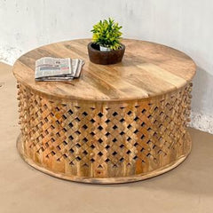 Bristol Hand Carved Indian Mango Wood Round Coffee Table Brown 45x90x90Cm