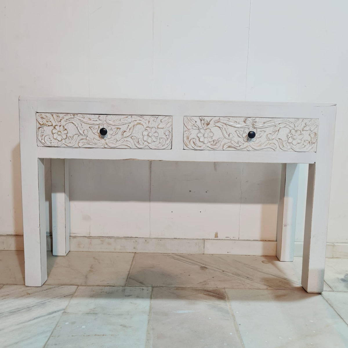 Hand Carved Solid Wood 2 Drawers Console Hall Table 51