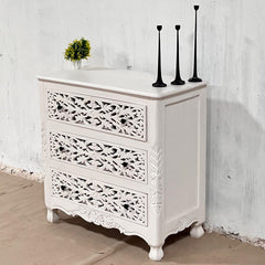 Handmade Indian Furniture Solid Hard Wood Floral Carvings 3 Chest of Drawers Dresser White